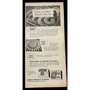 Marine Products Co Shrimp Vintage Print Ad 1955 Ocean Garden Southern Seas